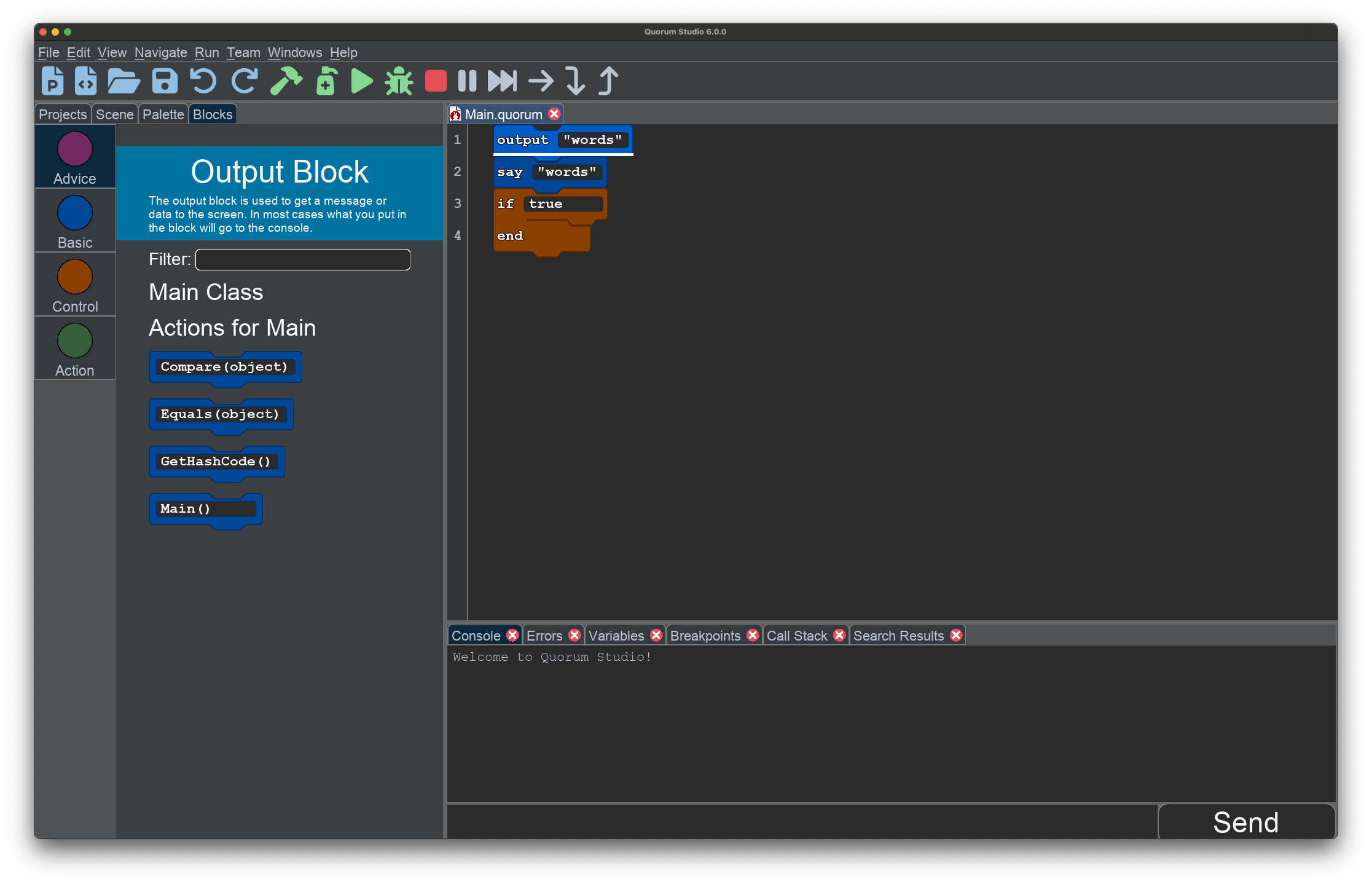 This shows the block palette, which has a description for the output block, and an editor with three lines of code. These lines include an output, say, and if statement.